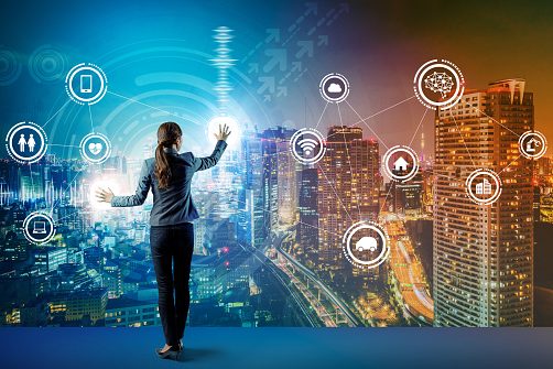 young business person and graphical user interface concept. Artificial Intelligence. Internet of Things. Information Communication Technology. Smart City. digital transformation.